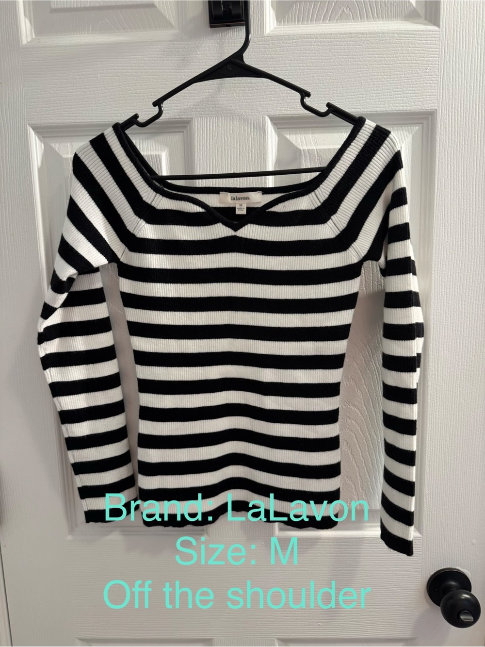 LaLavon Women's Black & White Striped Off-Shoulder Sweater